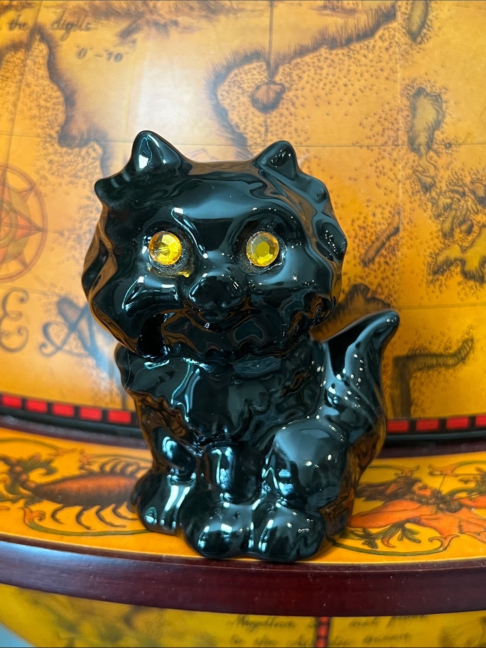 VTG Kitsch Rhinestone Eye Black Cat Ceramic Figurine Halloween Decoration